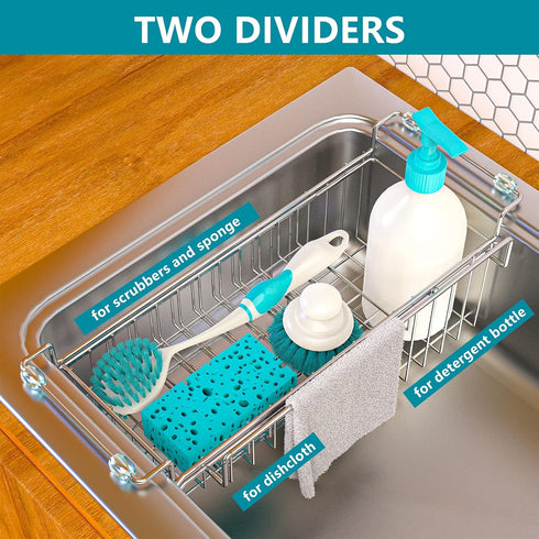 14.5" 22", Over The Kitchen Sink Caddy Sponge Holder Organizer Drying Rack Expandable for Sponge Brush Soap Dish Cloth