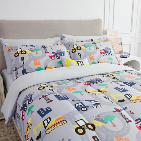 Sets 6 Set Set, Mooreeke Kids Twin Comforter for Boys Pieces Excavator Grey Bedding for Teens Soft Microfiber Kids Bed