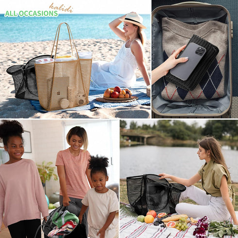 KALIDI Beach Mesh Tote Bag, Casual Hobo Tote Bag for Women, Foldable MAX 23L Shoulder Bag for Beach Picnic