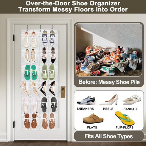 24 Closet, Over the Door Shoe Organizer with Crystal Clear Pockets and Metal Hooks Heavy Duty Hanging Shoe Storage Rack