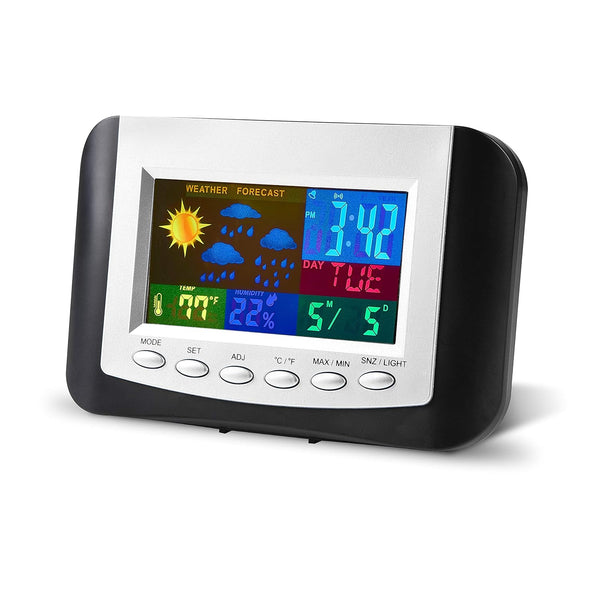 RCA Weather Station Alarm Clock, Full-Color Display with Time, Date, Temperature, Humidity, and Weather Forecast
