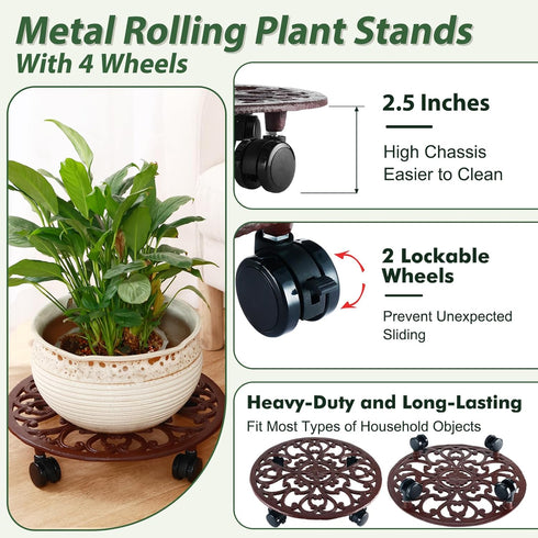 1 Packs 14 Inch Rolling Plant Stand with Wheels Metal Plant Caddy with Wheels Heavy Duty Round Plant Stand Indoor Iron