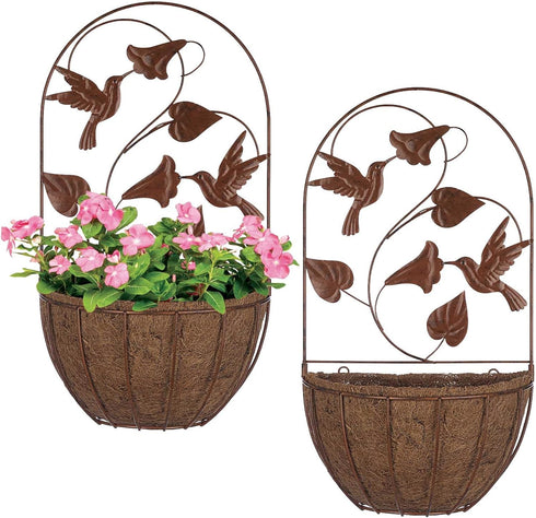 BAYN 2PKs Wall Hanging Planter Decor Art with Hummingbirds, Metal Wall Mounted Planters