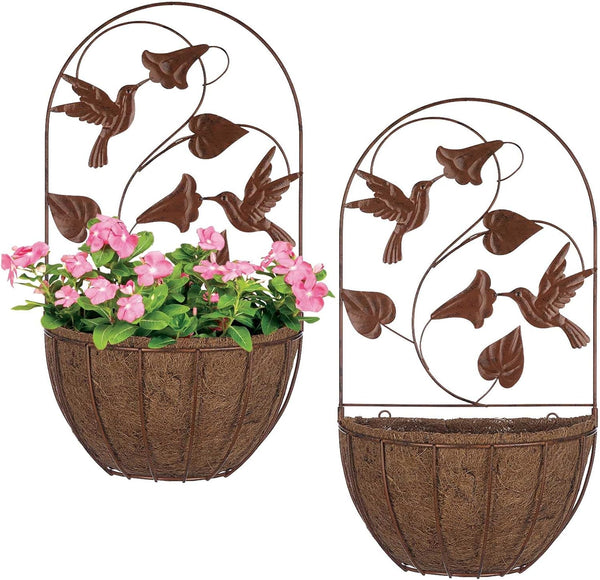 BAYN 2PKs Wall Hanging Planter Decor Art with Hummingbirds, Metal Wall Mounted Planters
