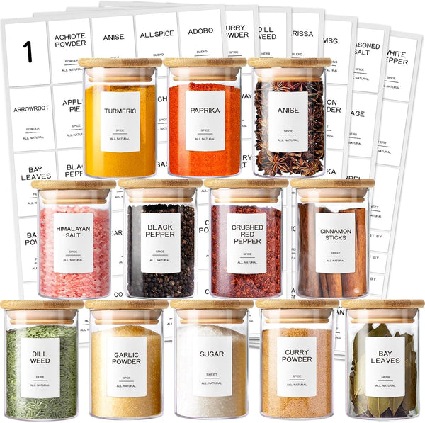 Kuocodall 12 Pcs Glass Spice Jars with Bamboo Airtight Lids & 201 Labels