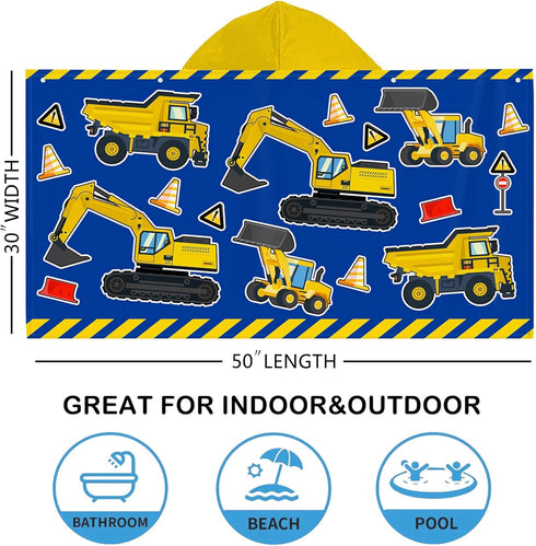 Kids Beach Towel with Hood - Excavators Vehicles Theme for Boys & Girls, Microfiber Soft Bath Poncho Wrap Robe