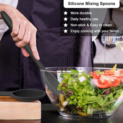 E-far Silicone Cooking Spoon Set of 2, Heat Resistant Nonstick Kitchen Spoons for Baking, Stirring, Serving (Black)
