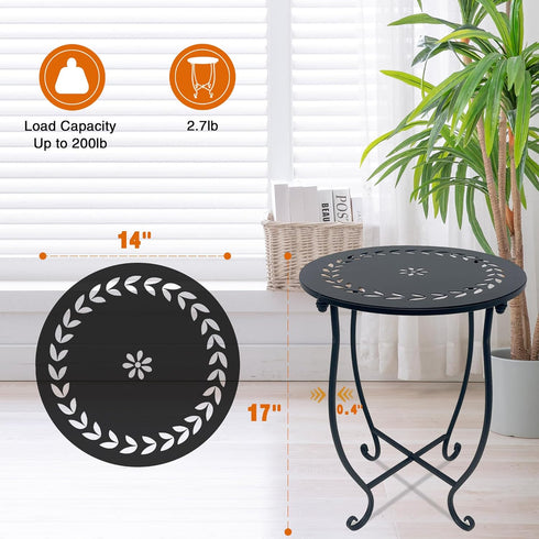 Plant Castle 14 Inch Indoor Outdoor Small Metal Round Side Table, Patio Coffee Bistro Table, Weather Resistant Black