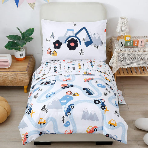 PERFEMET Car Toddler Bedding Kids 4 Pieces Bed in A Bag for