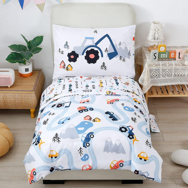 PERFEMET Car Toddler Bedding Kids 4 Pieces Bed in A Bag for