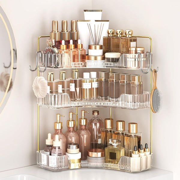 Corner Bathroom Counter Organizer 3-Tier Bathroom Organizer Countertop with Hooks Perfume Organizers