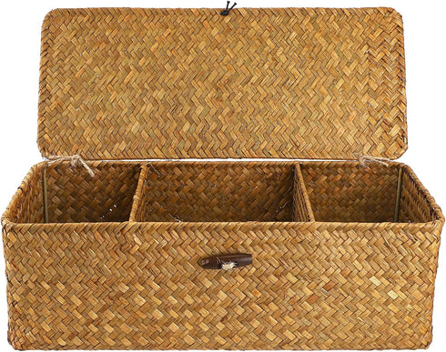 Hipiwe Seagrass Storage Basket Bin with Lid, Rectangular Woven Shelf Baskets with 3-Section Toilet Paper Holder for