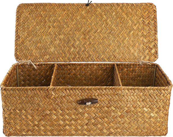 Hipiwe Seagrass Storage Basket Bin with Lid, Rectangular Woven Shelf Baskets with 3-Section Toilet Paper Holder for