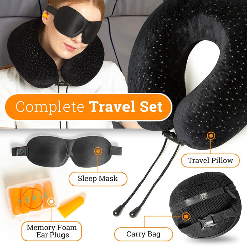 Aeris Memory Foam Travel Pillow for Airplanes - Best Neck Pillow for Long Flights with Carry Bag, Ear Plugs, Eye Mask