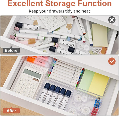 SMARTAKE 6 PCS Clear Plastic Drawer Organizers Set, Large Non-Slip Organizer Trays for Makeup, Office, Kitchen