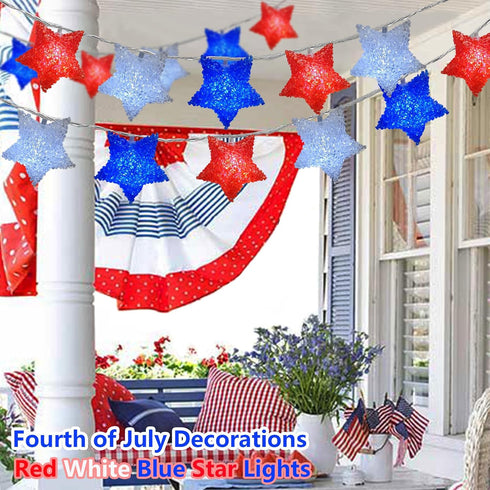 Red White Blue Star Lights, 6.8Ft 4th of July Decorations, Battery Operated LED String Lights