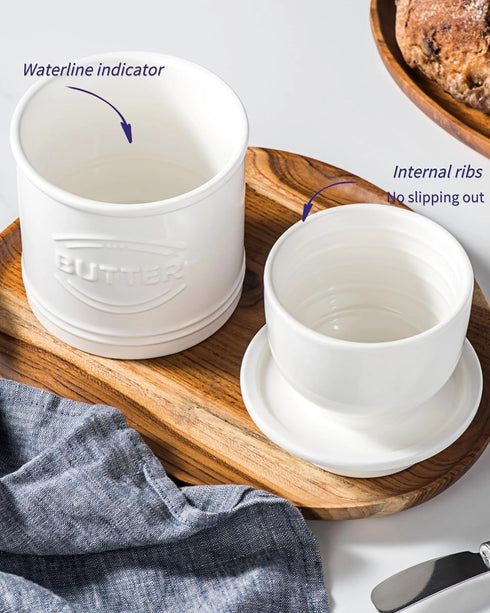 250g 5.12" Countertop, Besmeety Butter Crock, Large Butter Dish with Lid for Suit For Housewarming (White, Extra Large)