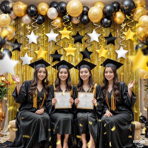 KatchOn Black Gold and Silver Star Hanging Swirls - Pack of 30, Graduation Decor Class of 2025, No DIY