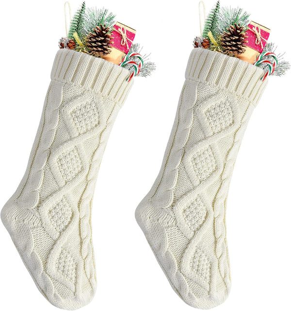 Pack of 2, 18" Unique Ivory White Knit Christmas Stockings, Style 2