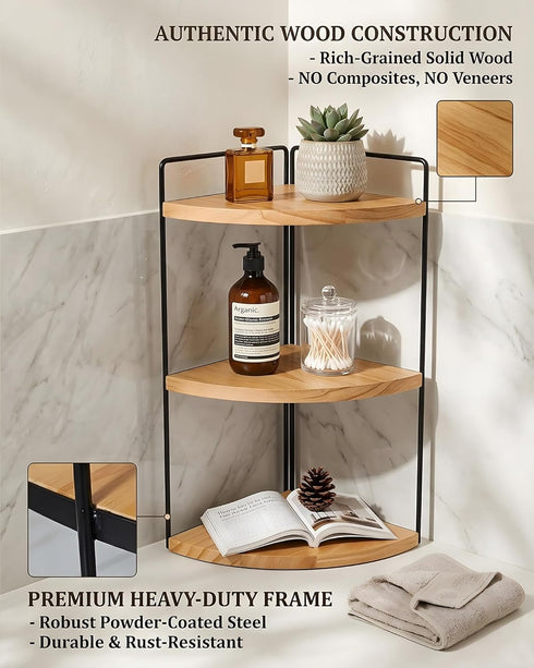SwartLife Countertop 3-Tier Counter, Corner Bathroom Organizer, Corner Shelf for Vanity & Bathroom Rustic Wood Standing