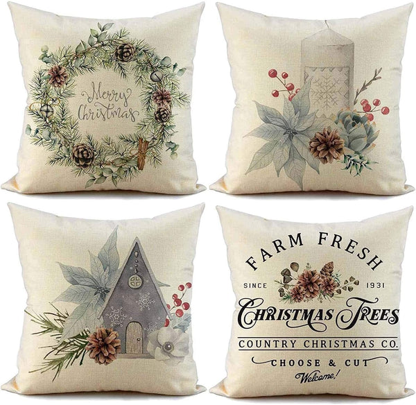 Christmas Pillow Covers 20x20 inch Set of 4, Farmhouse Decorative Throw Pillow Cover for Winter Holiday Décor