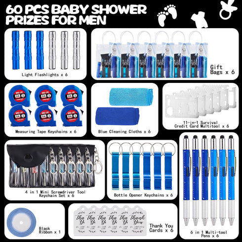 60PCS 6 Set Baby Shower Prizes for Men with Cleaning Cloth Bottle Opener Screwdriver Tape Measuring Keychain Multi Tool