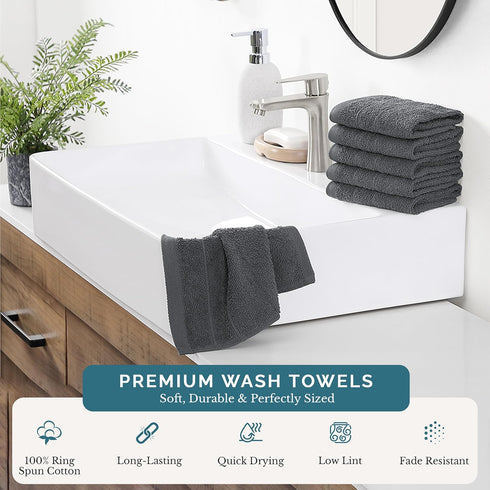 Pack 6-100% 13"x13"- Casa Platino Wash Cloths of Cotton Washcloths for Daily use - Soft, Gentle on Skin, Durable