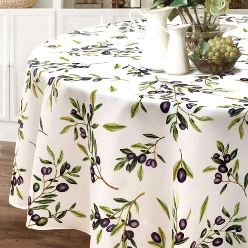 CAIT CHAPMAN HOME COLLECTION Olive Leaves and Branches Printed Tablecloth (70" Round, Easy-Care Fabric)