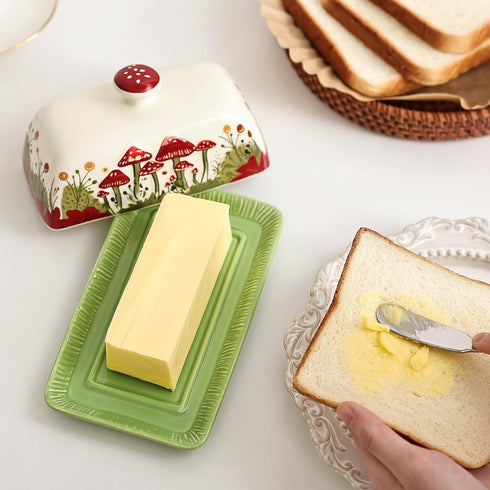 Ceramic Mushroom Butter Dish with Lid for Countertop, Large Covered Butter Tray (White & Red Mushroom)