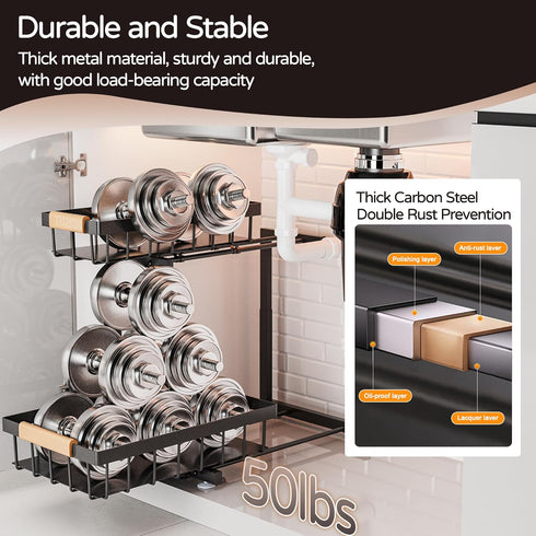 2 Pack 2 (13.2" 17.2") ADBIU Under Sink Organizer, Tier Expandable Height - Pull out Kitchen Bathroom Cabinet