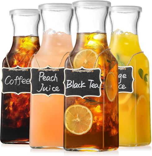 Set of 4 Square Glass Carafe with Lid, 1 Liter Clear Glass