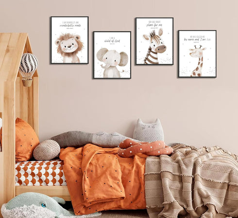 4Pcs Nursery Bible Verse Animal Canvas Wall Art Funny Cute Safari Animals Christian Painting Picture Wall Decor Lions
