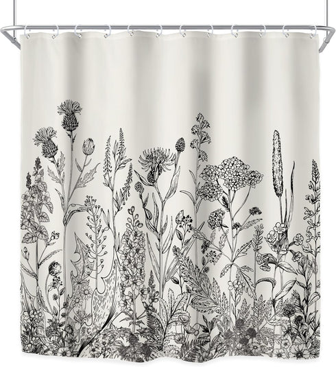 Riyidecor Wild Floral Shower Curtain 72Wx78H, Botanical Flower Plant Art Printed Fabric with Hooks