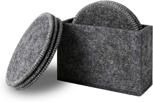 Drink Coasters Set of 6 with Holder - Dark Gray Round Water Absorption Felt Mat, 3.94 Inches Diameter
