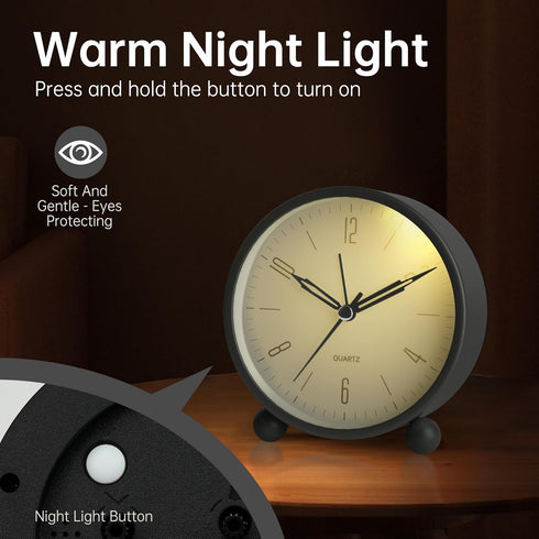 Analog Alarm Clock - 4 inch Super Silent Non Ticking Small Clock with Night Light, Battery Operated, Black Decor