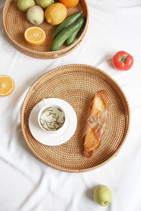 14.2" HITOMEN Hand-Woven Round Rattan Serving Tray Decorative Ottoman Wicker Platter with Handles for Coffee Table