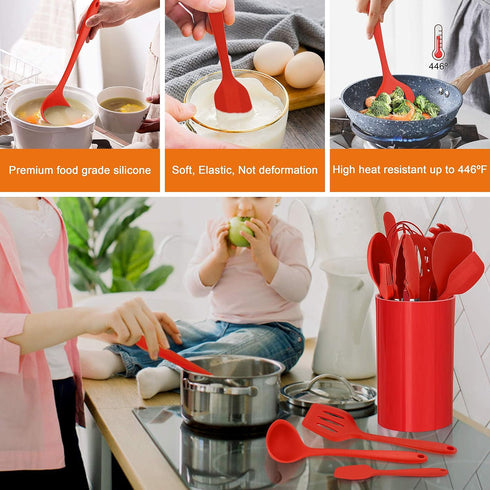 LIANYU 14 Pcs Cooking Utensils Set with Holder, Heat Resistant Silicone Kitchen Tools, Dishwasher Safe (Red)