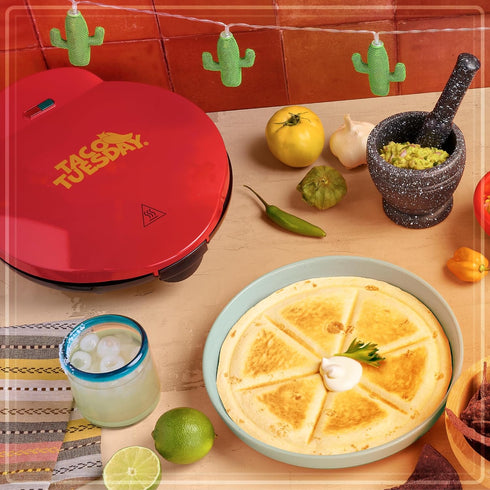Taco Tuesday Deluxe Electric Quesadilla Maker, 10-inch 6-Wedge with Extra Stuffing Latch, Red