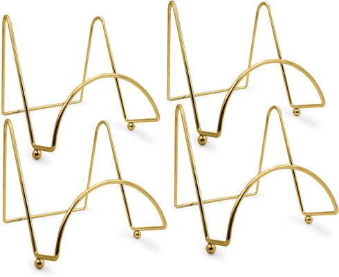 BANBERRY DESIGNS Brass Wire Easel Display Stand Plate Holders - Smooth Metal Footed - 3 Inch - Set of 4 Pcs - Ideal for Small Books, Pictures, Cards