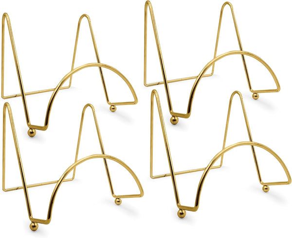 BANBERRY DESIGNS Brass Wire Easel Display Stand Plate Holders - Smooth Metal Footed - 3 Inch - Set of 4 Pcs - Ideal for Small Books, Pictures, Cards