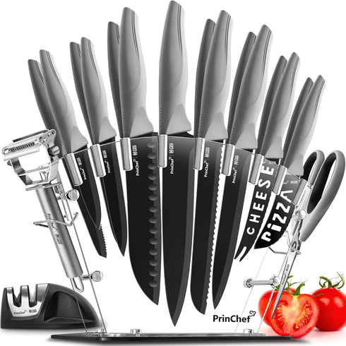 PrinChef 19 Pcs Knife Set for Kitchen, Rust Proof Knives with Acrylic Stand and Sharpener