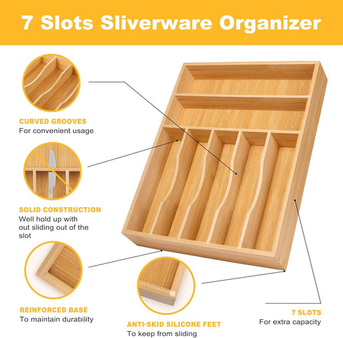 Kitchen Bamboo Silverware Organizer, Natural Utensil Holder and Cutlery Tray with 7 Slot Grooved Dividers