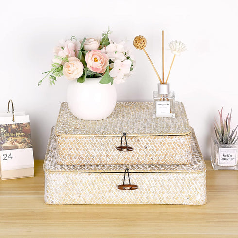 Hipiwe Set 2 of Flat Woven Wicker Storage Bins with Lid Natural Seagrass Basket Boxes Multipurpose Home Organizer Bins
