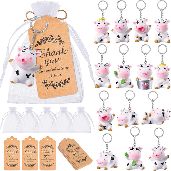 24 Sets Cow Keychains Party Favors with Organza Bags and Thank You Tags for Kids