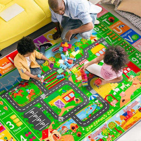 DINSUMRUG 59"39.4" Tummy Kids Rugs for Toy Cars Playroom ABC Farm Life Road Traffic Kids Car Road Rugs Village Map Play