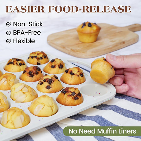 Silicone Muffin Pans For Baking Mini Nonstick Cupcake Pan 24 Cups Silicone Cupcake Molds With Metal Reinforced Frame Bpa Free (2 Pcs, Cream)
