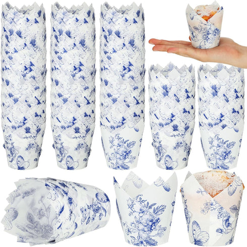 Gerrii 200 Pcs Chinoiserie Blue White Flower Cupcake Liners | Mini Baking Cups for Decoration