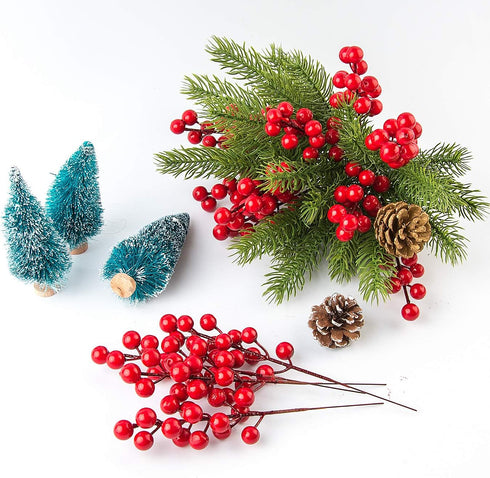 WXJ13 30 Pieces Artificial Pine Branches Christmas Holly Berries Artificial Red Berry Stems for Christmas Wreath