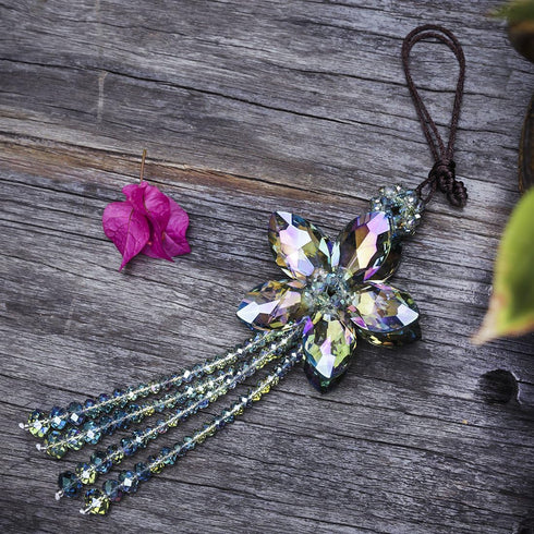 H&D HYALINE & DORA 11.4 Inch Crystal Color Flower Car Charms Pendants for Auto Rear View Mirror with Tassel
