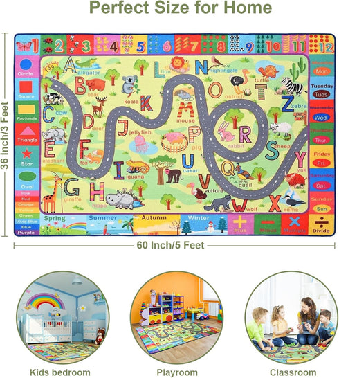 3x5 Terrug Kids Rug for Playroom & Classroom, Washable Nursery Carpet, Non-Slip Play Mat - ABC, Numbers, Animal, Color